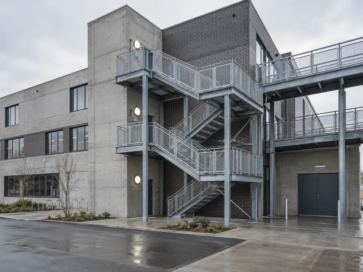 Illustrative commercial building with galvanized steel access stairs — AI-generated