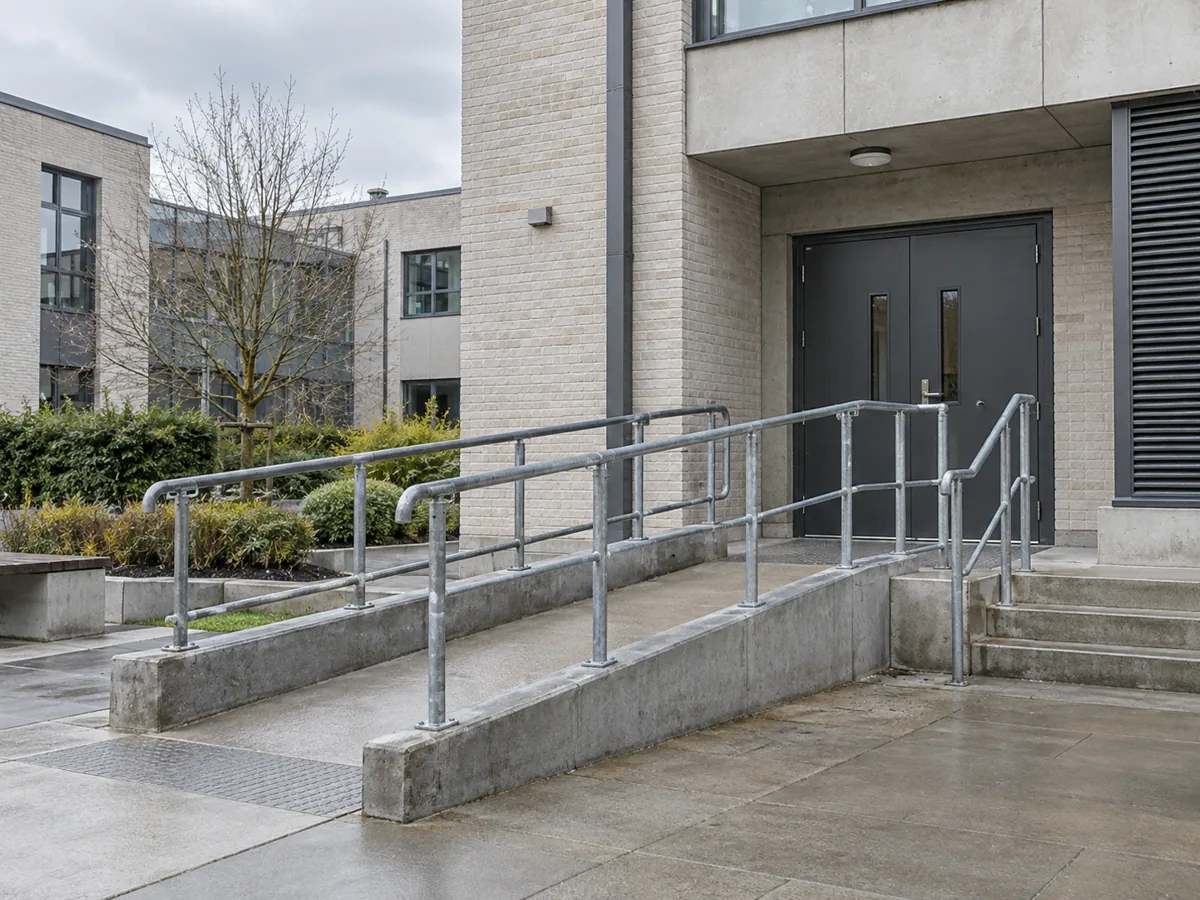 Illustrative campus service entrance with steel doors and access ramp — AI-generated